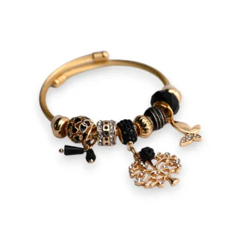 Bracelet charms rigide noir et doré arbre de vie