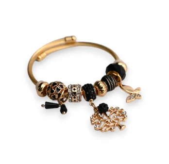 Pulsera encantos rígida negra y dorada árbol de la vida