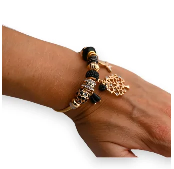 Black and gold rigid Tree of Life charm bracelet