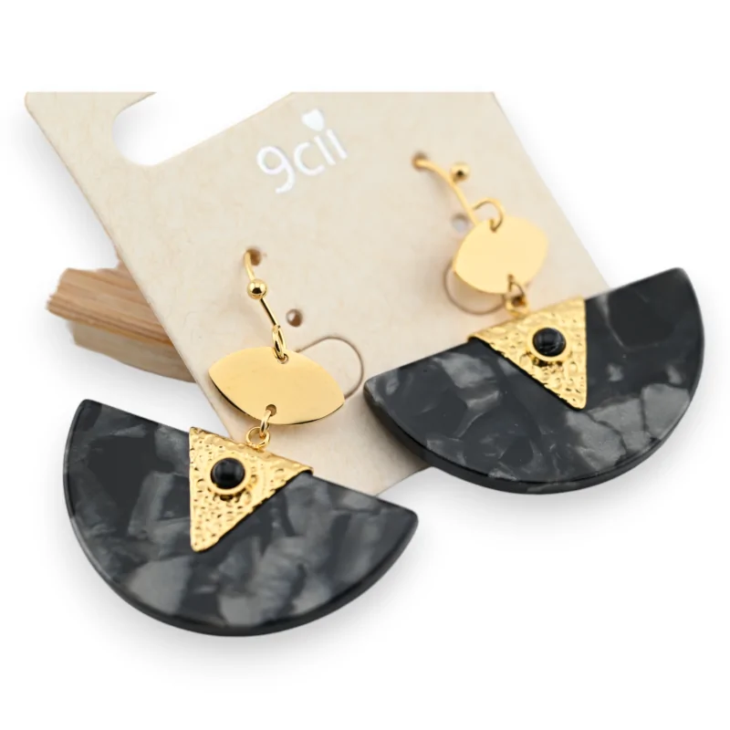 Gold-plated steel earring, half-circle black marbled pendant