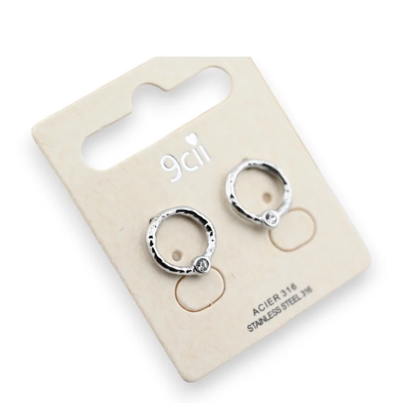 Silver plated steel earring with rhinestone circle