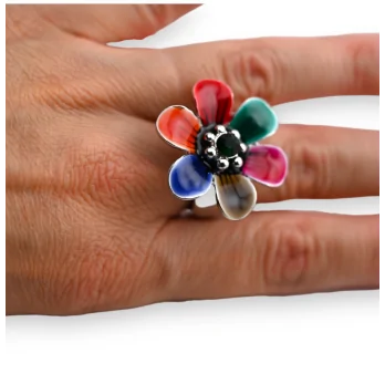 Silver multicolor flower fancy ring