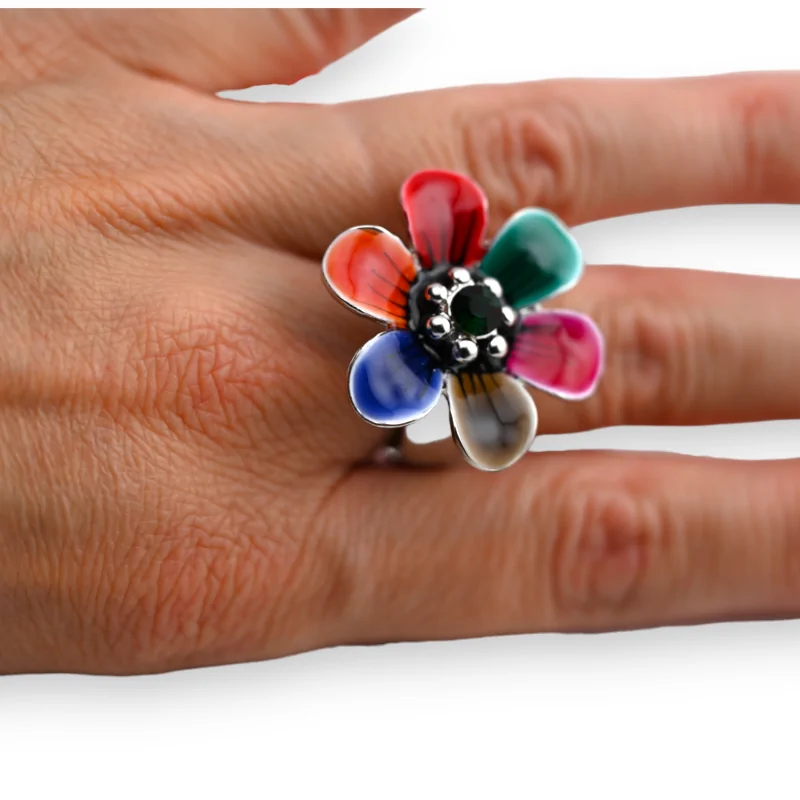 Schmuck-Ring aus Silber mit multicolor Blume