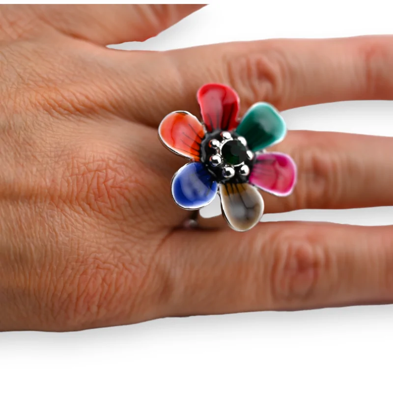 Silver multicolor flower fancy ring