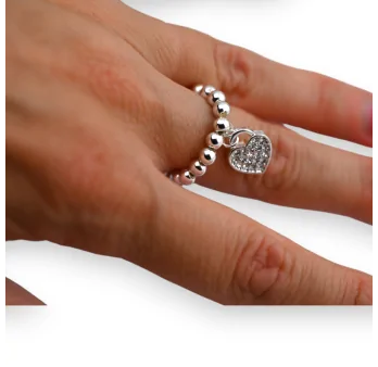 Fancy silver thin heart-shaped rhinestone charm ring