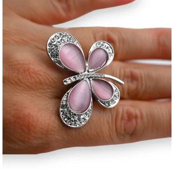 Silver butterfly pink and rhinestone fancy ring