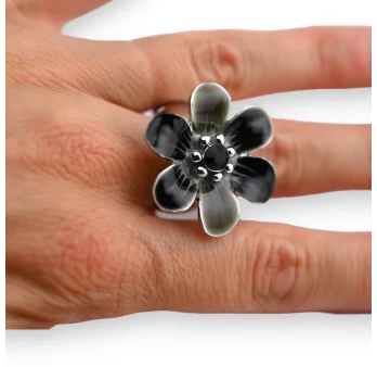 Silver Fancy Ring with Black Flower