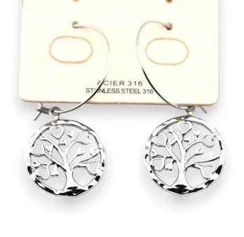 Silver-plated steel dangling Tree of Life earring white