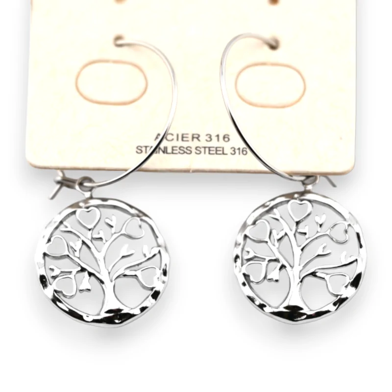 Silver-plated steel dangling Tree of Life earring white