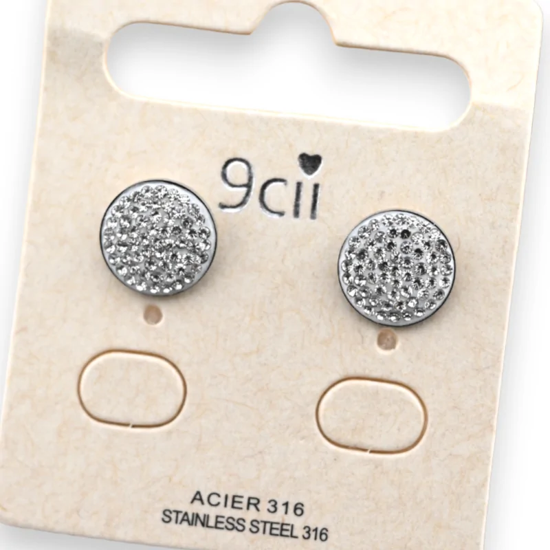 Silver-plated round earrings with rhinestones