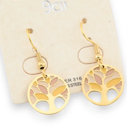 Gold plated steel tree of life pastel earrings