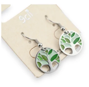 Silver steel tree of life green earrings