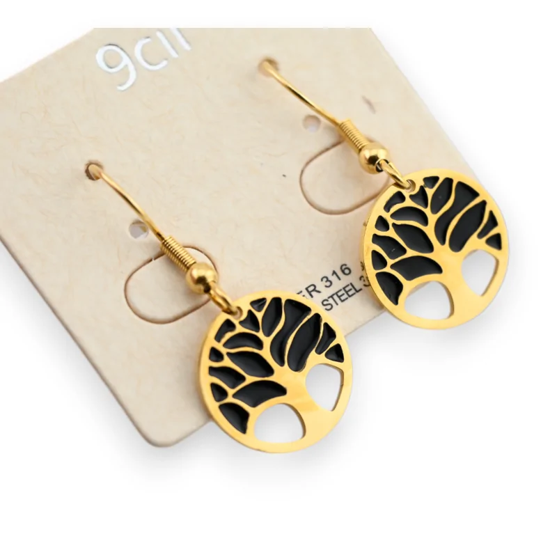 Gold-plated steel Tree of Life earrings in black