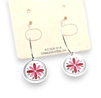 Silver-plated steel drop earring with pink flower charm