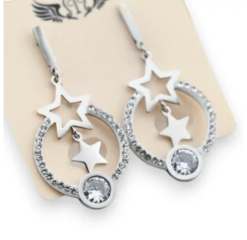 Silver-plated steel dangling double stars earrings