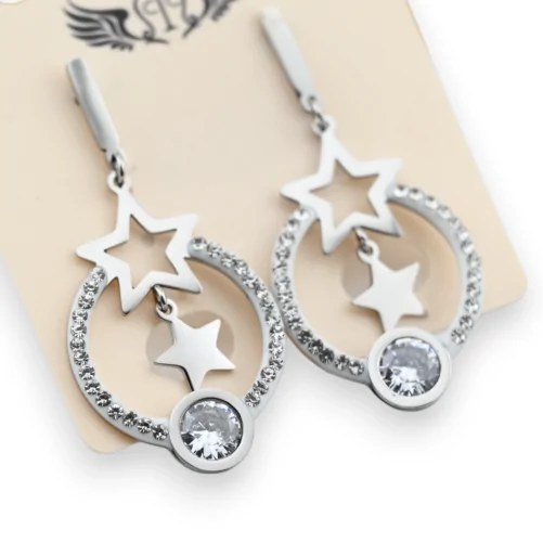 Silver-plated steel dangling double stars earrings