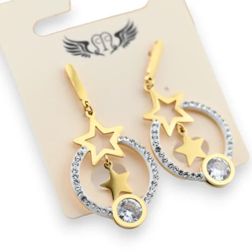 Gold-plated steel double star hanging earrings