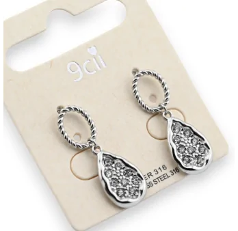 Silver steel dangling earring with sparkling water drop