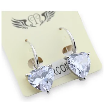 Silver steel earrings with a big heart stone, hanging down