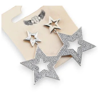 Silver-plated steel dangling shimmering star earrings