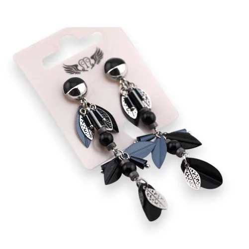 Silver black and grey dangling leaf earrings