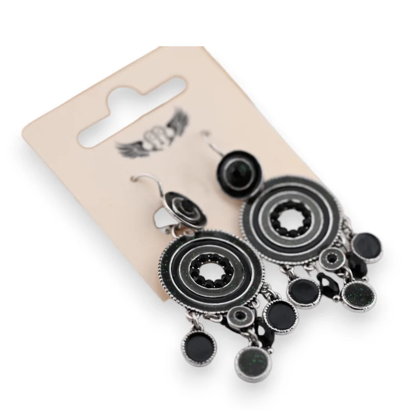 Boucle d'oreille argentée pendante noire et grise