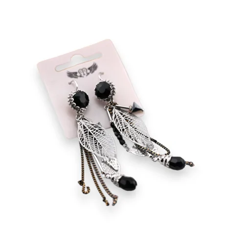 Silver and black dangling earrings with leaf charms