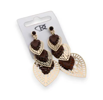 Fancy dangling gold cascade heart brown earrings
