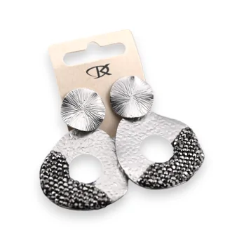 Fancy dangling grey metal earrings with rhinestones