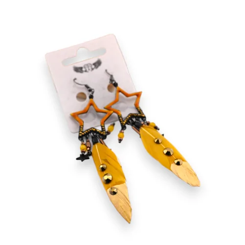Fancy dangling mustard feather earrings