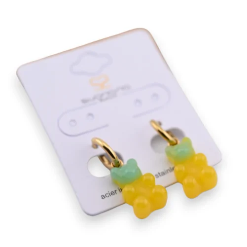 Gold plated steel earring teddy bear candy green and young