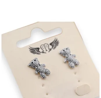 Fancy teddy bear silver earrings with rhinestones