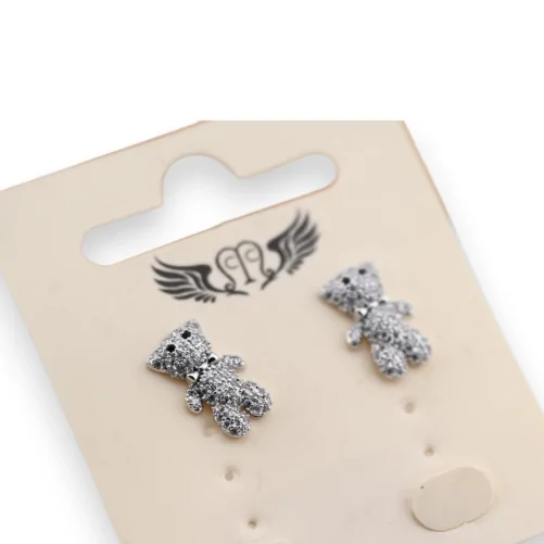 Fancy teddy bear silver earrings with rhinestones