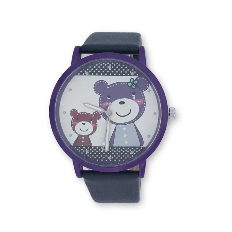 Montre femme ronde similicuir motif doudou cadran violet