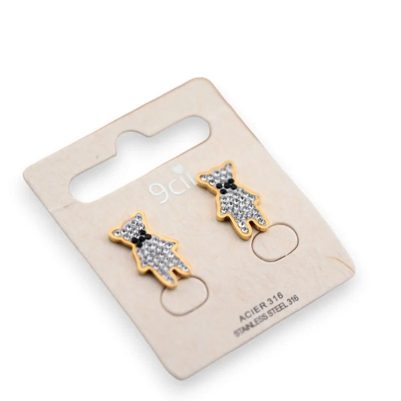 Golden steel teddy bear earrings with rhinestones