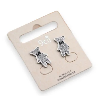 Silver steel bear stud earrings with rhinestones
