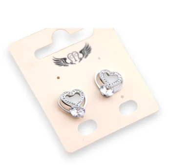 Orecchini in acciaio argentato a forma di cuore 3D con strass e pietre