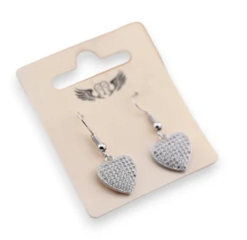 Fancy dangling silver earrings with flat rhinestone heart