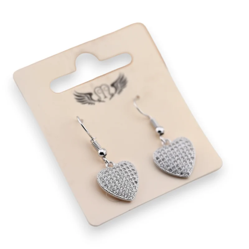 Boucle d'oreille fantaisie pendante argentée coeur strass plat