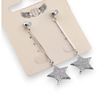 Fancy silver dangle earrings with star studded rhinestones