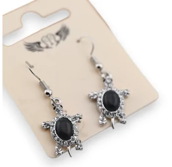Silver Fancy Earring Turtle Strass and Black Stone