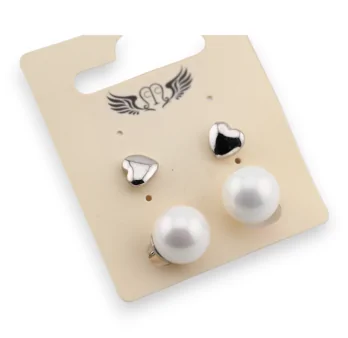 Silver Fancy Earrings with Heart and Ecru Pearl