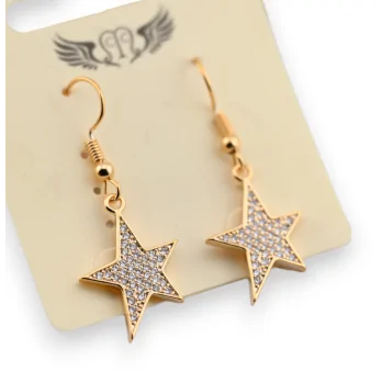 Fancy golden dangling star earrings with rhinestones