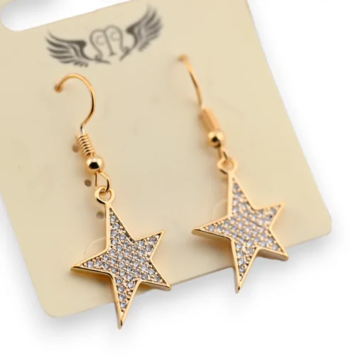 Fancy golden dangling star earrings with rhinestones