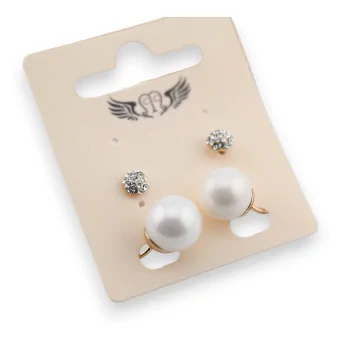 Gold-plated fancy earrings with ecru pearl and rhinestone ball