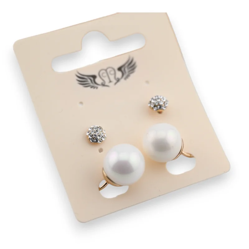 Gold-plated fancy earrings with ecru pearl and rhinestone ball