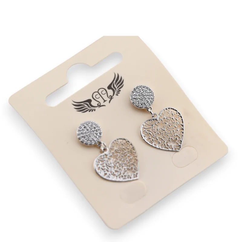Silver dangling fancy earring with a lace effect heart