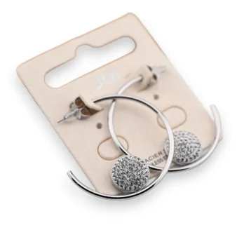 Half-hoop silver earrings with round rhinestones