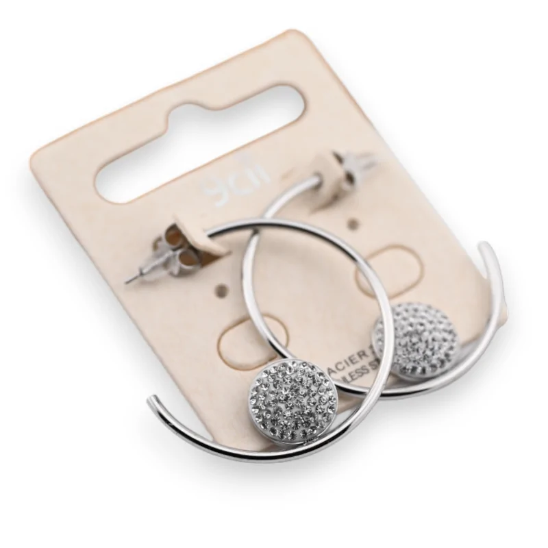 Half-hoop silver earrings with round rhinestones