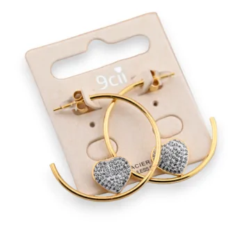 Half-hoop earring in gold steel with a rhinestone heart
